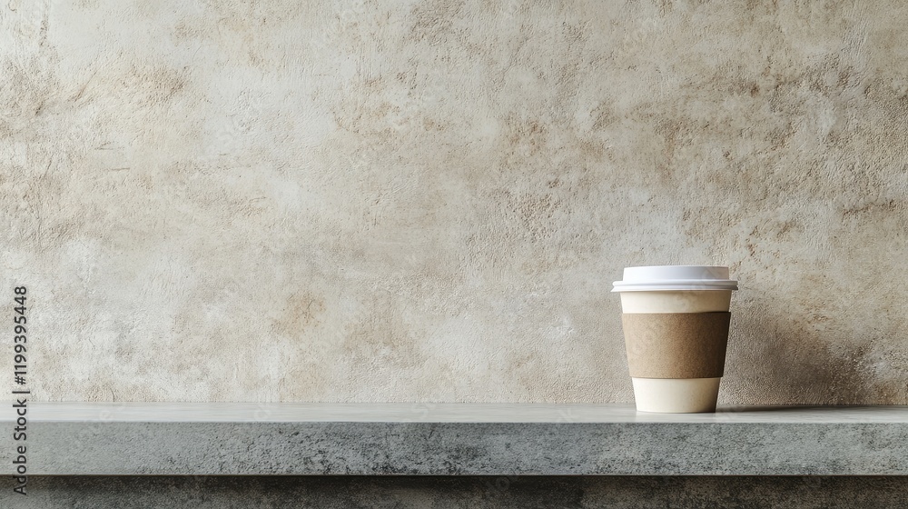 Poster coffee cup on a minimalist gray stone countertop against a rustic textured wall with ample empty spa