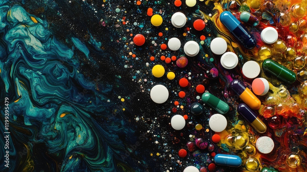 Poster colorful assortment of synthetic drugs and pills on black background with empty copy space for text 