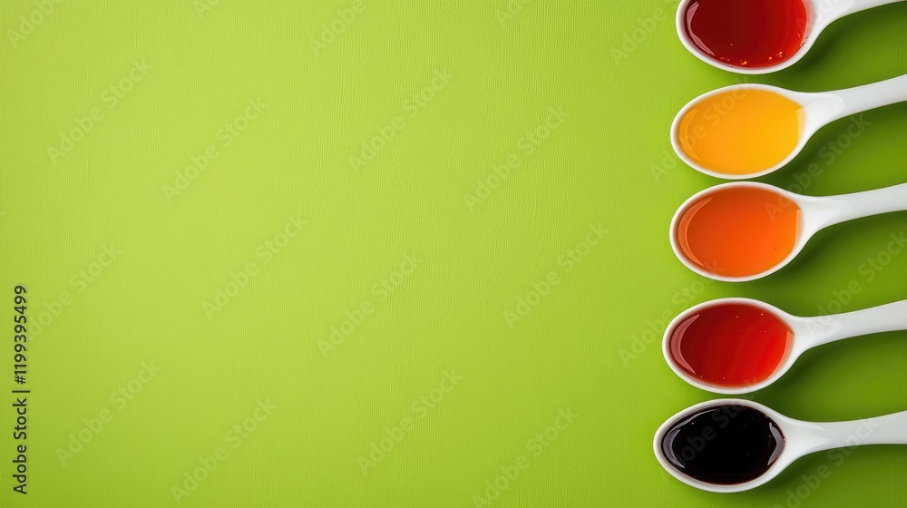 Aufkleber colorful assorted syrups in white spoons on bright green background with generous empty space for te