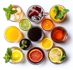 Refreshing Assortment of Colorful Drinks with Citrus Fruits and Fresh Mint on White Background Perfect for Summer Beverages or Cocktail Recipes