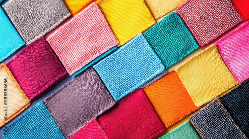 Aufkleber vibrant fabric swatches arranged in a grid with empty space for text overlay