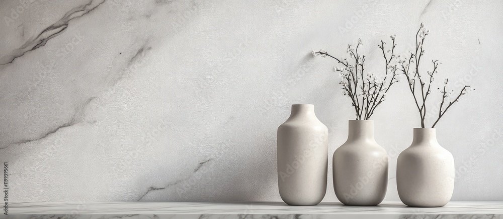 Poster minimalist living room with three textured white vases on a sleek marble surface featuring subtle gr