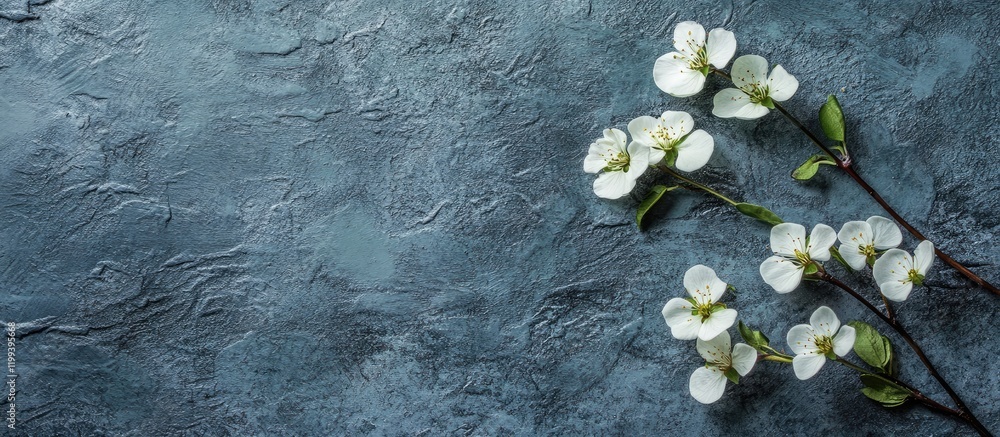 Poster delicate white flowers arranged on a textured blue-gray surface with ample empty space for creative 