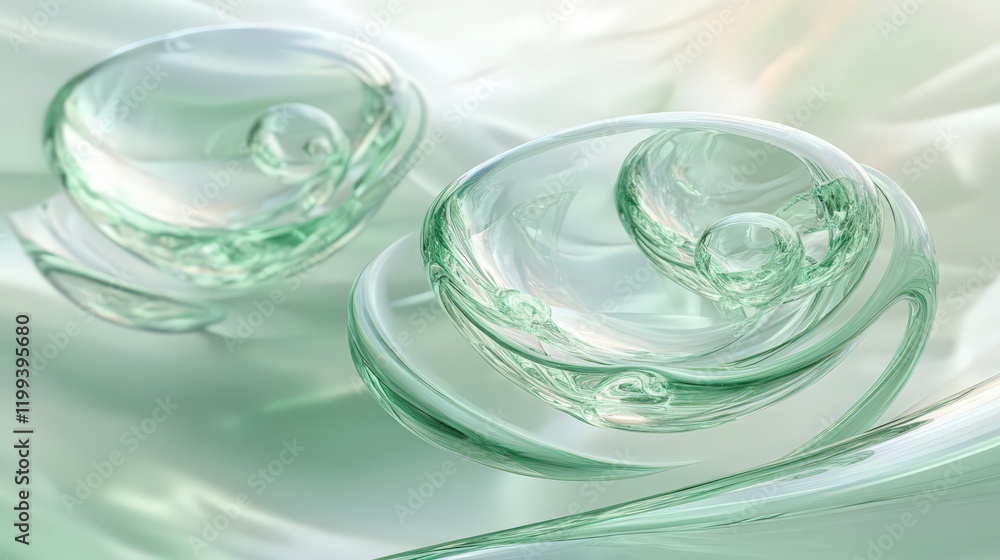 Poster Abstract translucent shapes with swirl designs on a soft light green background