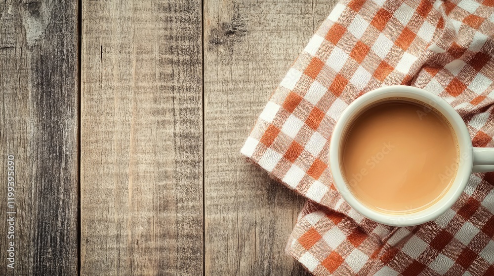 Aufkleber cozy cup of hot cocoa on rustic wooden background with orange and white checkered tablecloth creatin