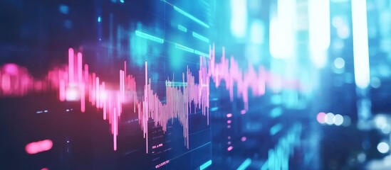 Vibrant financial data visualization featuring pink and blue waveform graphs overlaid on a futuristic digital interface representing advanced stock market analysis and research concepts.