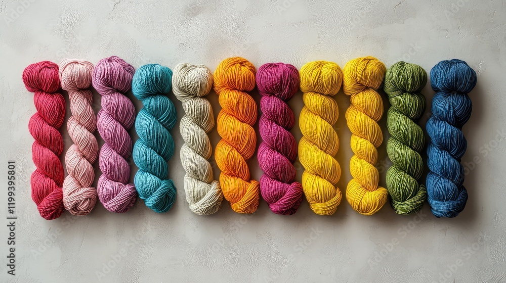 Aufkleber colorful textile yarns arranged in rows with neutral background and space for text or graphic design