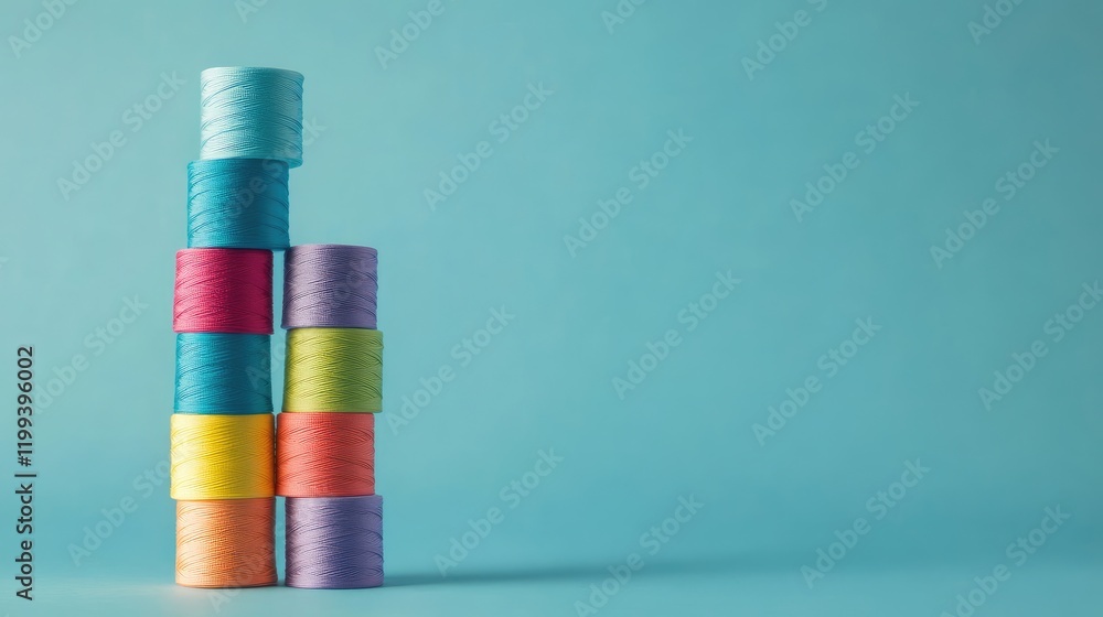Aufkleber vibrant thread spools neatly stacked on a turquoise background with blank space for text