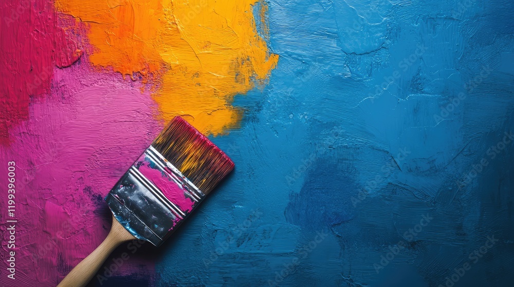Poster vibrant multi-colored paint texture in pink orange and blue applied with a brush on a textured canva