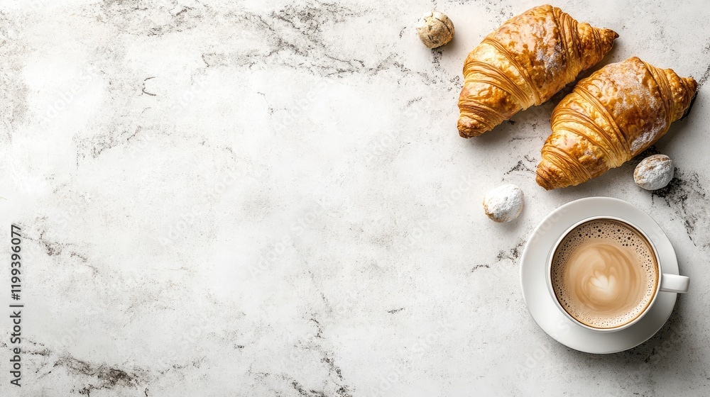 Poster freshly baked croissants and coffee on marble table with empty space for text in soft cream and gold
