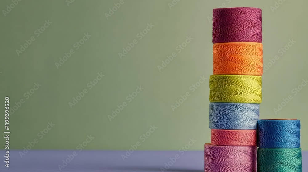 Poster stacked vibrant sewing thread spools in various colors on a soft surface, featuring a blank area for