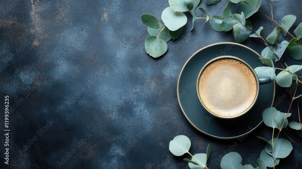 Poster dark mocha coffee cup surrounded by eucalyptus leaves on matte black background top view with empty 