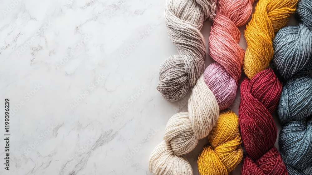 Aufkleber vibrant textile yarns neatly arranged on marble surface with empty space for text