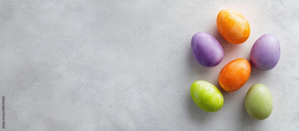 Poster colorful easter eggs in shades of purple orange and green arranged on a light gray background with a