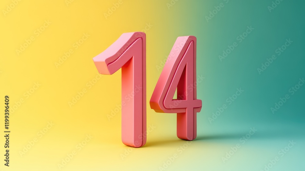 Poster three dimensional pink number 14 on yellow and green background with empty copy space for text in st