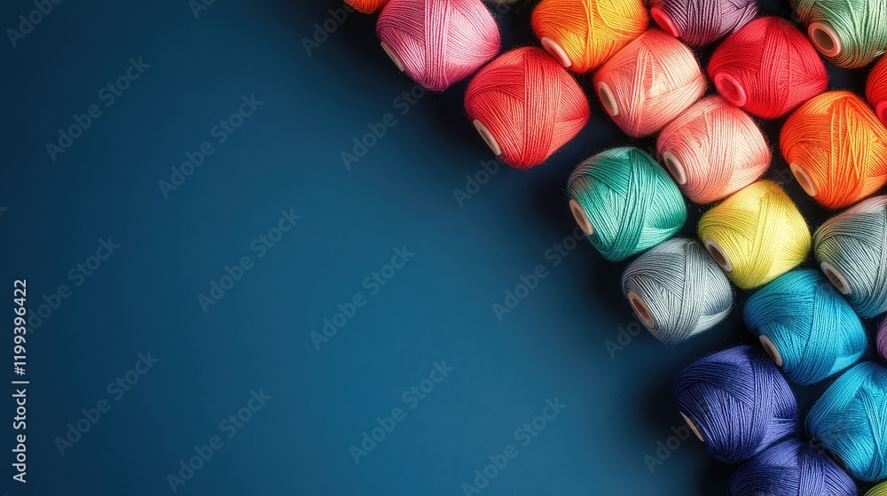 Aufkleber colorful thread spools in vibrant hues arranged diagonally on deep blue fabric background with empty