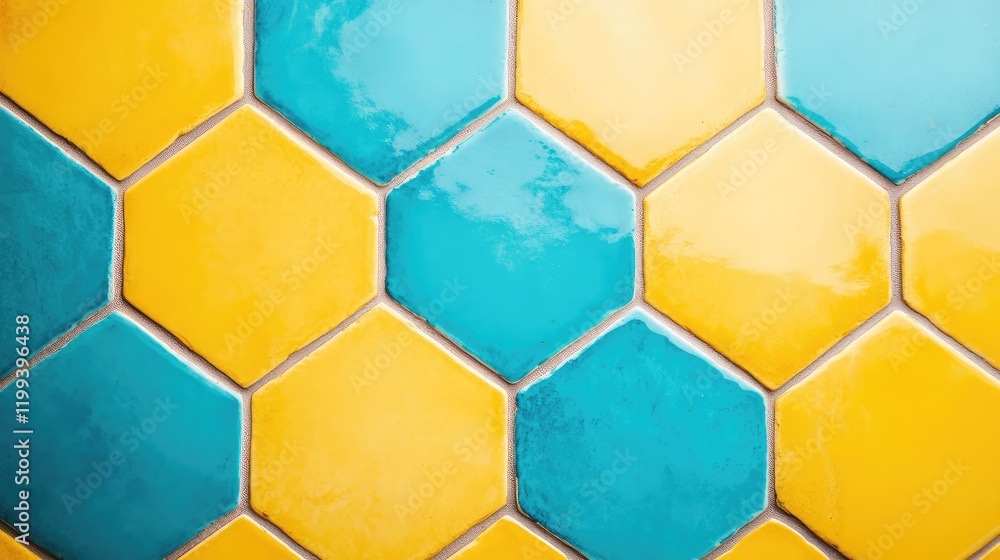 Aufkleber colorful hexagonal tile pattern on bright yellow and blue background with empty space for text and d