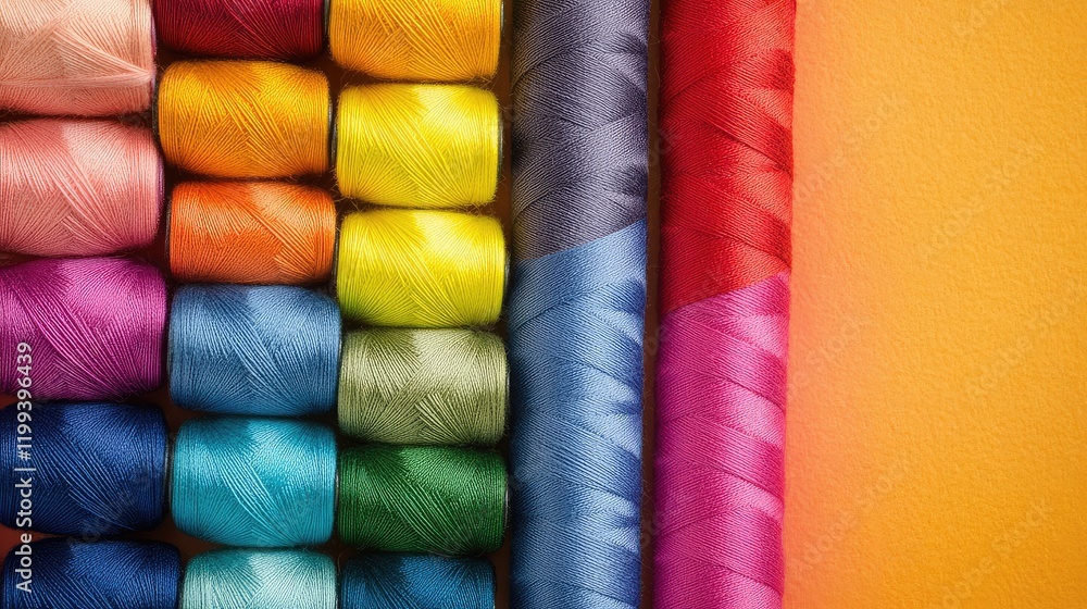 Poster vivid spools of thread and crayons arranged in rows on a colorful background with blank area for tex