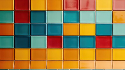 Vibrant arrangement of colorful ceramic tiles in orange teal red and yellow shades with empty copy space for text in horizontal layout.