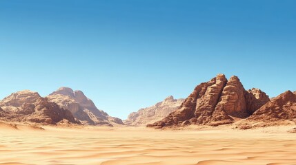 Naklejka premium Desert landscape with sharp rock formations and clear blue sky, featuring empty space for text.