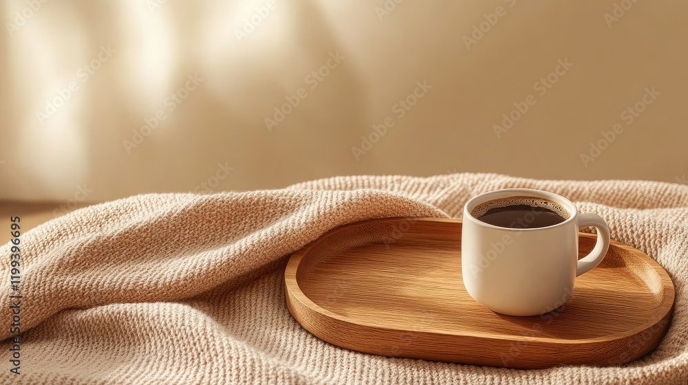 Aufkleber cozy beige blanket with a white coffee cup on a wooden serving tray creating an inviting warm ambian