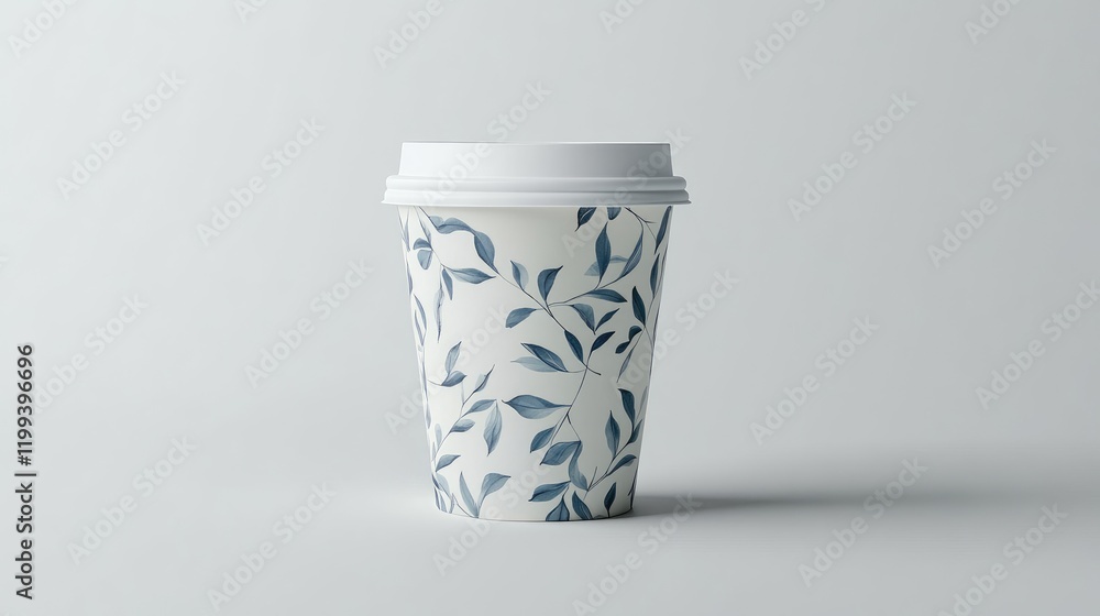 Poster elegant floral design coffee cup mockup on soft grey background with ample copy space for branding a