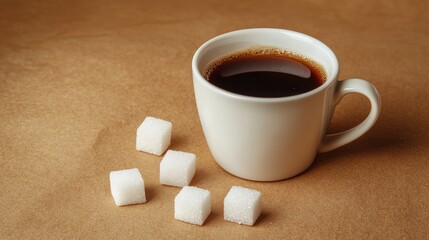 Warm brown coffee cup filled with dark brew beside white sugar cubes on textured brown surface with ample empty space for text and branding.