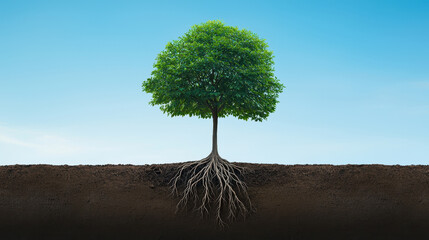 Obraz premium A beautiful tree showcasing its vibrant leaves and extensive root system against a blue sky.