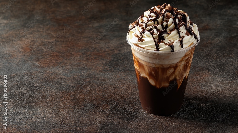 Poster delicious cup of coffee with whipped cream and chocolate syrup on dark textured background with empt