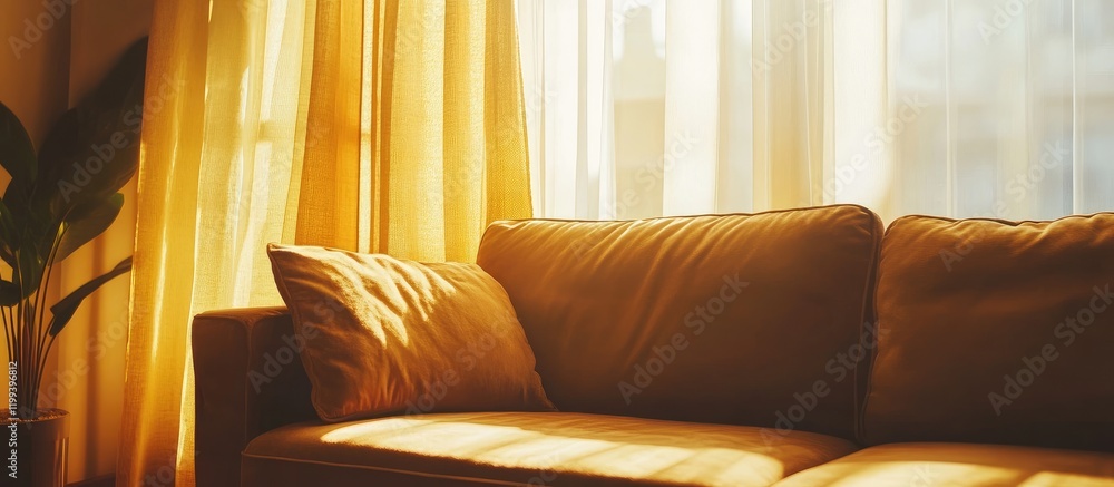 Poster modern brown sofa situated beside a sunlit window with warm ambient daylight illuminating the soft f