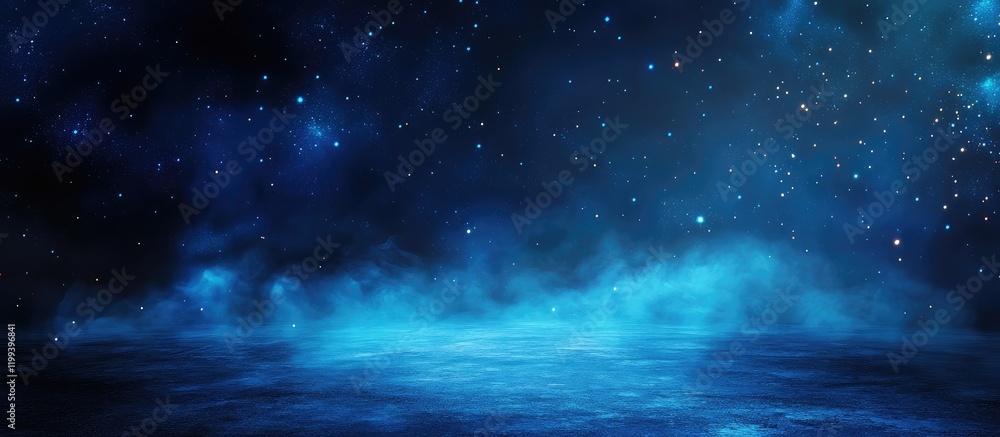 Poster defocused atmospheric blue spotlight background with shimmering fog and stars on a dark floor creati