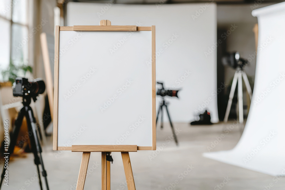 Poster a blank canvas on an easel in a well-lit photography studio with cameras and backdrops in the backgr