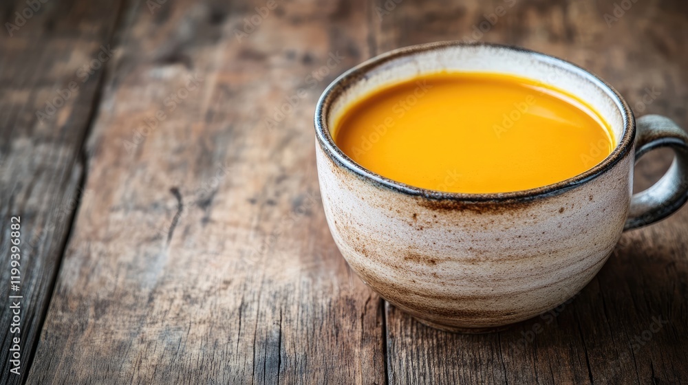 Poster close-up of a vibrant orange carrot soup in a rustic ceramic cup on a weathered wooden table with am