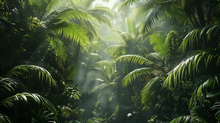 Fototapeta premium Lush green foliage with sunlight filtering through dense tropical plants, creating a serene and tranquil atmosphere.