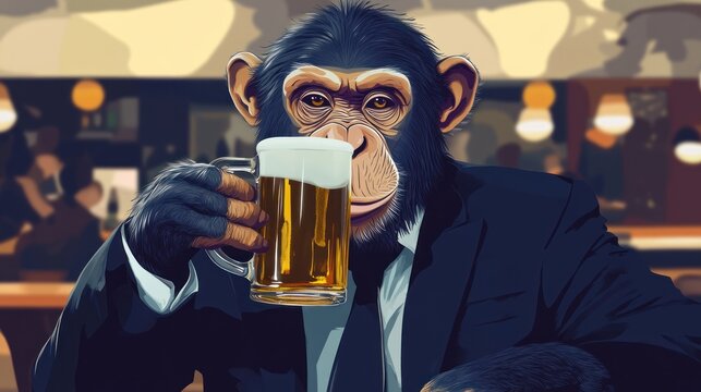 Chimpanzee in a Suit Enjoying a Beer at a Bar