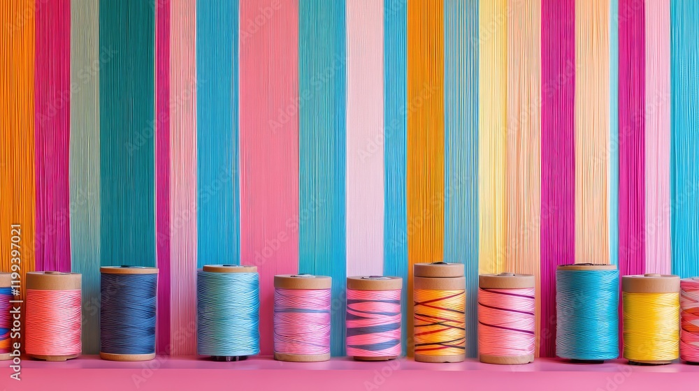 Poster vibrant spools of thread aligned on colorful striped background with blank space