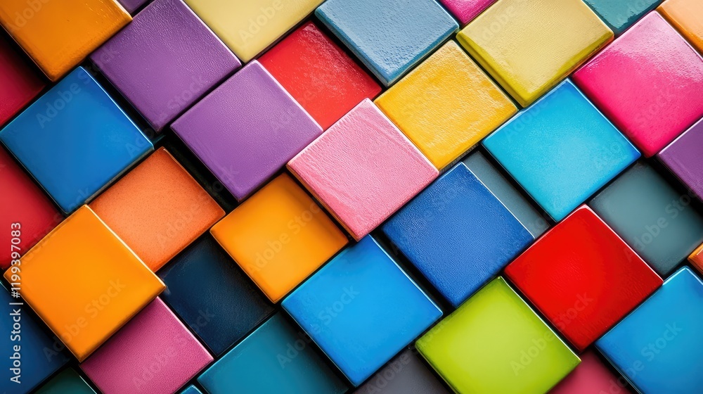 Poster vibrant arrangement of stacked colorful tiles with ample blank space for text