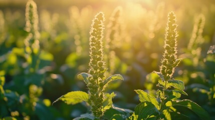 Sunlit Plant Stalks at Golden Hour in Agricultural Field Landscape Scenery