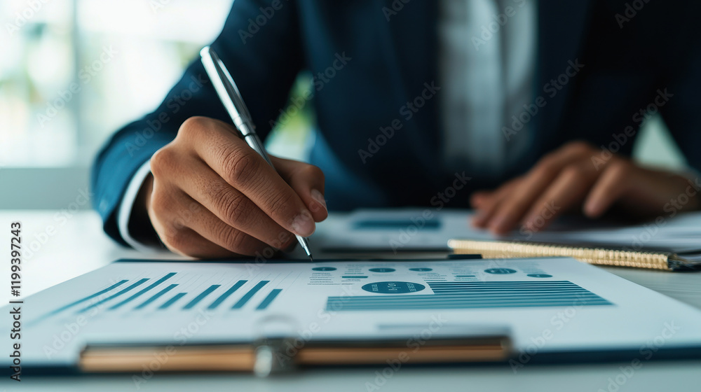 Poster a business professional analyzes data charts and graphs on a digital workspace.