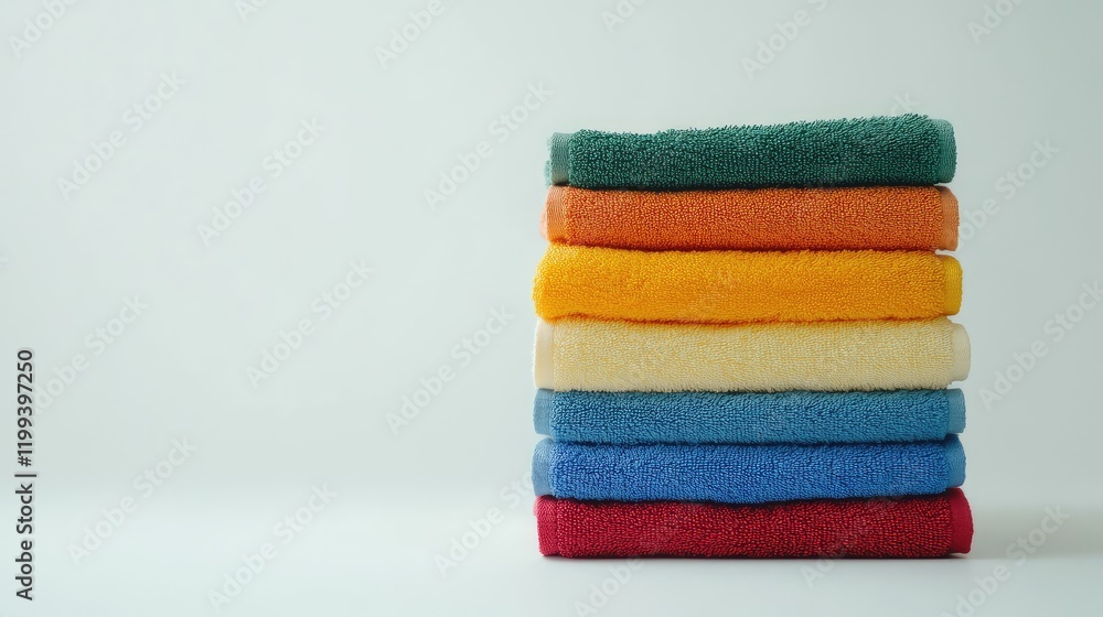 Poster stack of vibrant towels in various colors against a light gray background, arranged neatly with ampl