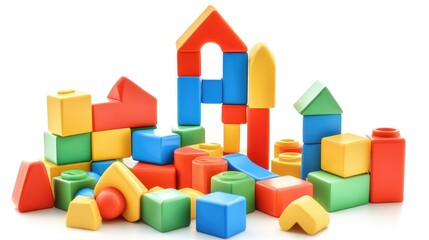 Obraz premium Colorful plastic building blocks for children in red blue yellow and green hues arranged on a white background with ample empty space for text