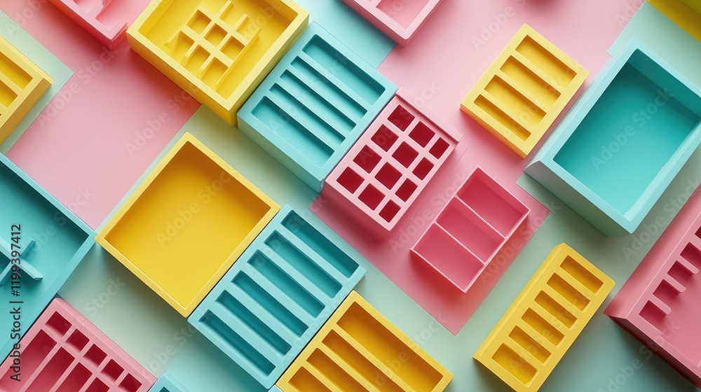 Aufkleber top view of colorful pastel toy bricks in grid layout on light pink and mint green background empty 