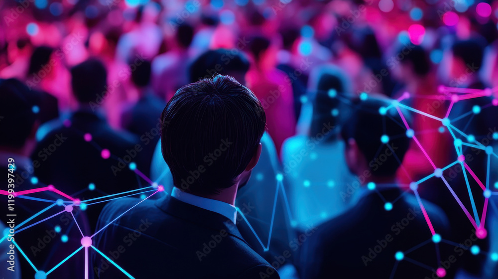 Poster a captivating scene of a crowd illuminated with vibrant colors, showcasing connection and technology