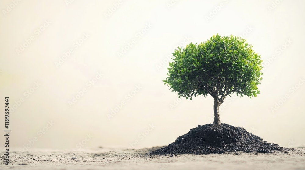 Poster dented green tree on dark soil against soft neutral background with copy space for text ideal for na