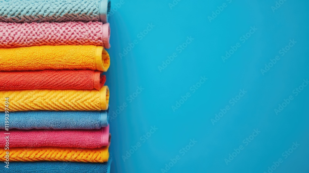 Aufkleber colorful cotton towels stacked neatly on vibrant blue background with ample empty space for text and