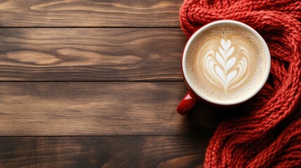 Red cup of hot cocoa with latte art on rich brown wooden surface wrapped in cozy knitted red scarf with blank space for text above