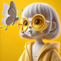 Fototapeta premium A 3D character of a young girl wearing oversized yellow sunglasses and Butterfly