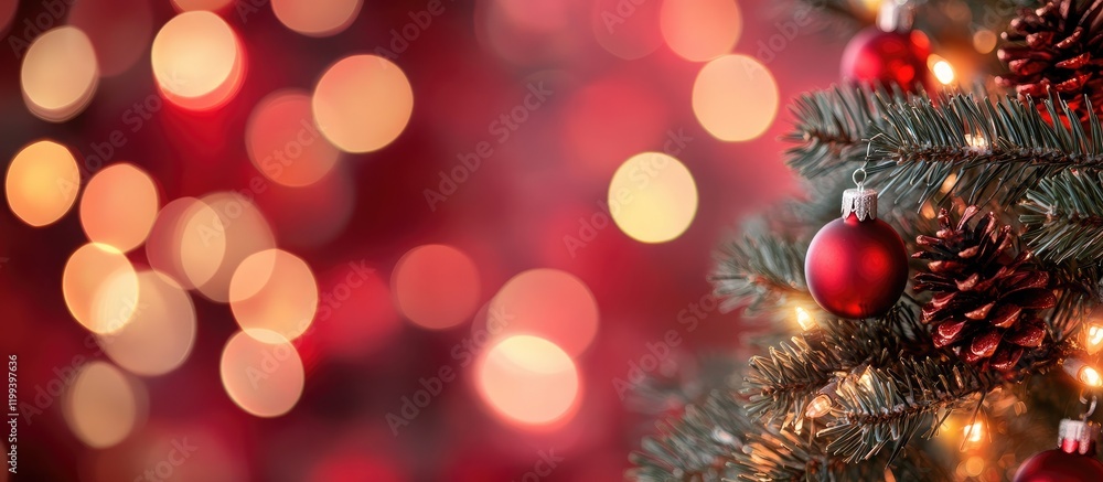 Aufkleber defocused red bokeh lights background with christmas ornaments and pinecones in the foreground creat