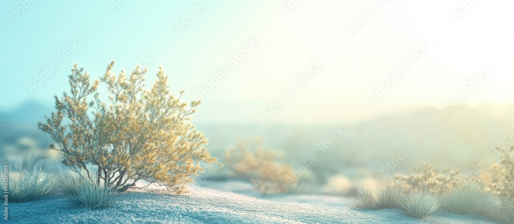 Poster serene desert landscape featuring a soft-focus joshua tree against a pastel blue and yellow backgrou