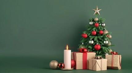 Minimalist 3D rendering illustration of a Christmas tree with candles and wrapped gifts on a green background, perfect for commercial photography and stock photo style, embodying a festive and elegant